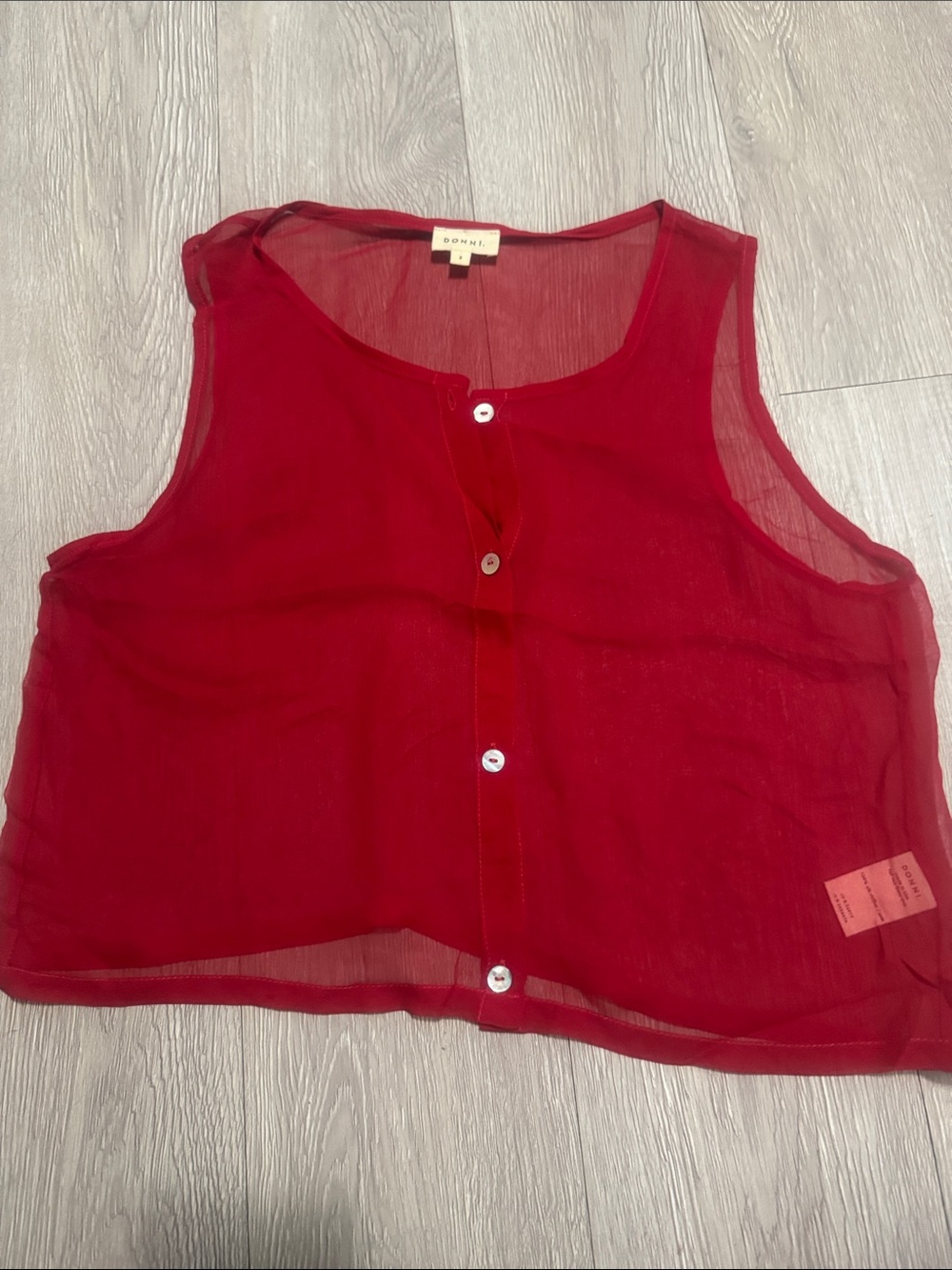 DONNI. Red Sheer Button-Front Camisole
